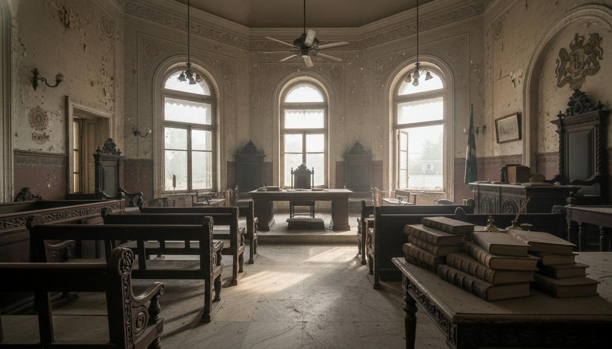 Старые тома законов на столе в пустом зале судебных заседаний с деревянной мебелью