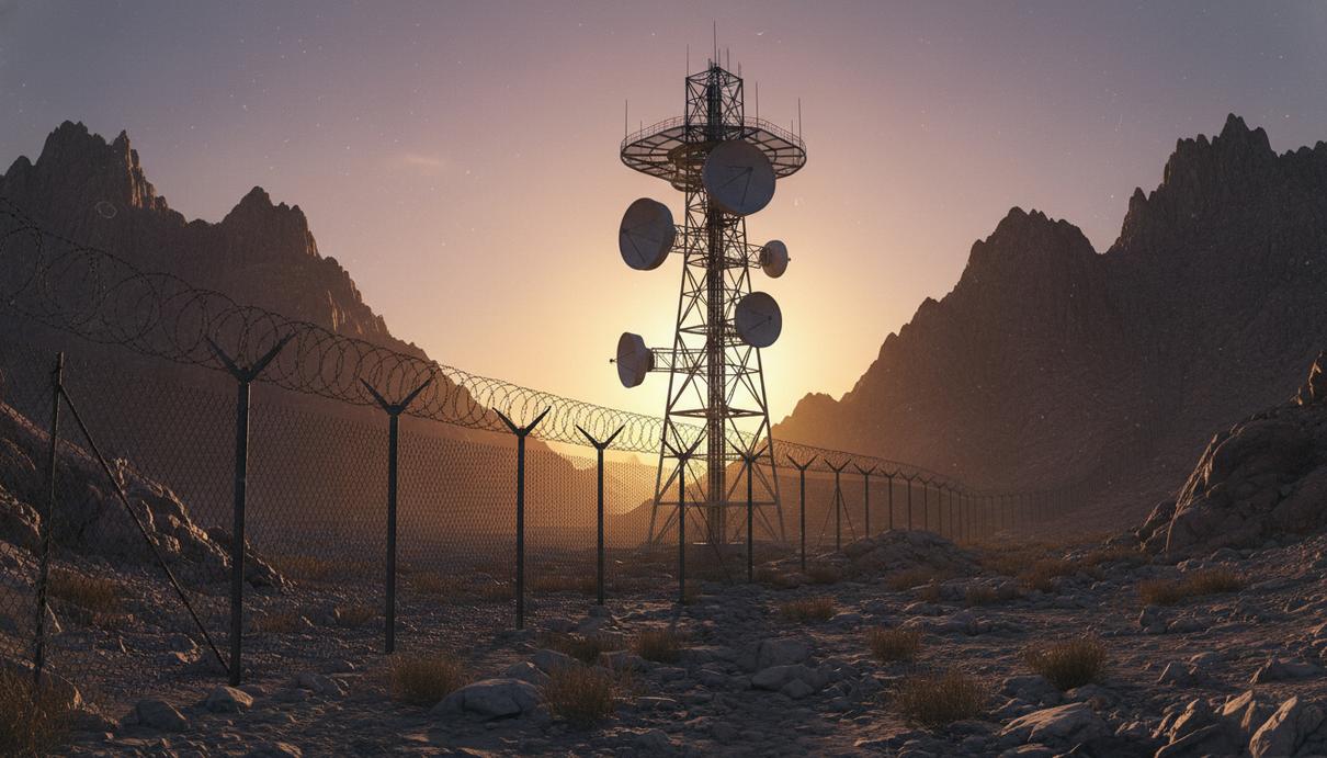 Металлическое заграждение с колючей проволокой и вышка связи на фоне горных вершин