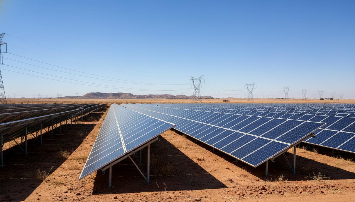 Ряды солнечных панелей и опоры линий электропередач в засушливой пустыне под ясным небом