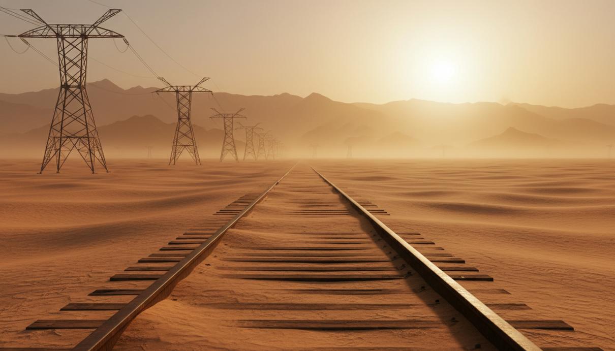 Недостроенные железнодорожные пути и линии электропередачи в пустыне на фоне гор в дымке