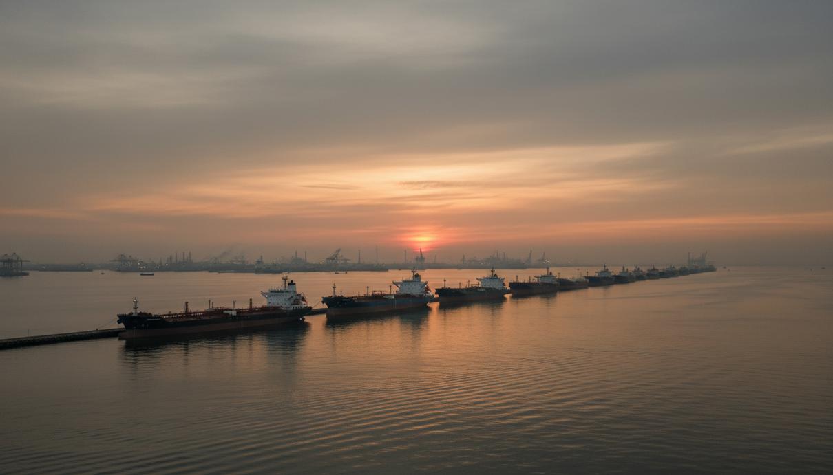 Очередь из нефтяных танкеров и грузовых судов в морском проливе на фоне береговой линии в сумерках