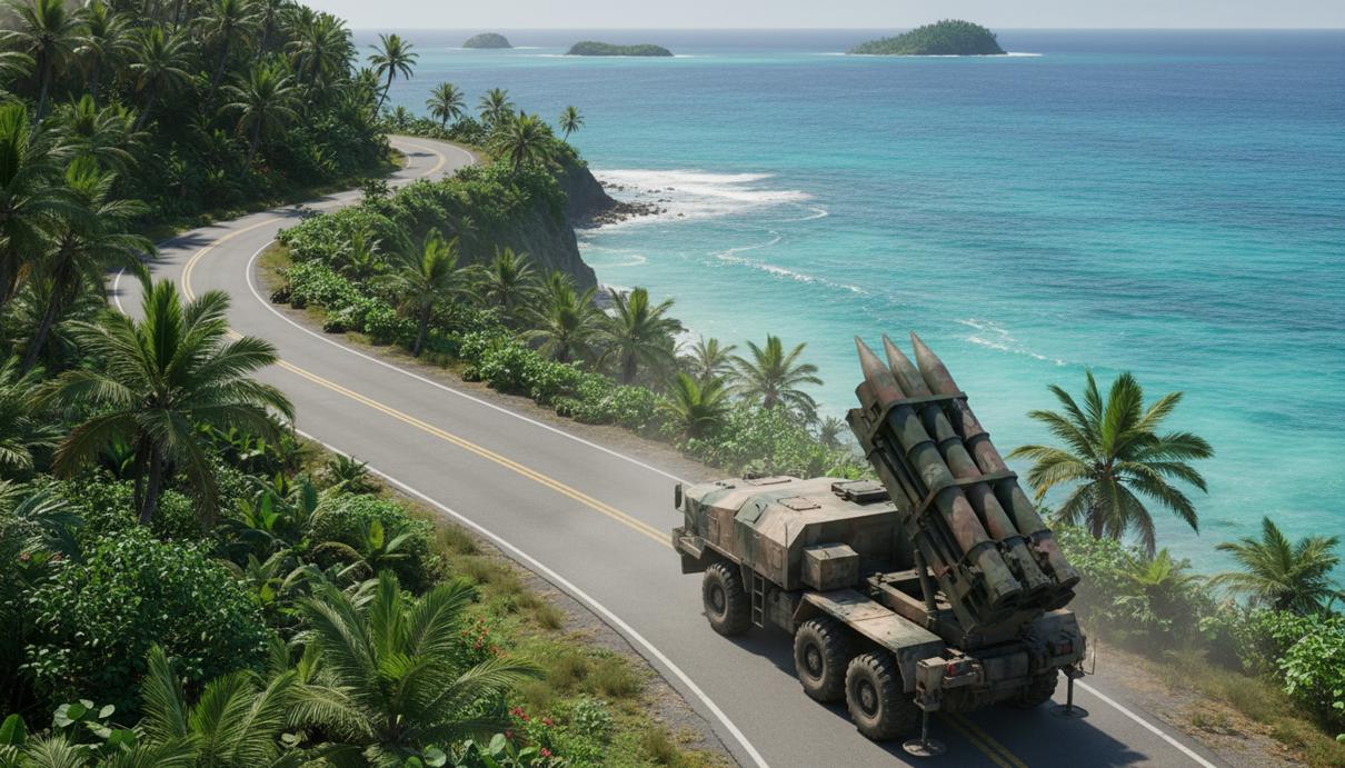 Мобильная пусковая установка ракетного комплекса на фоне тропического побережья и океана.
