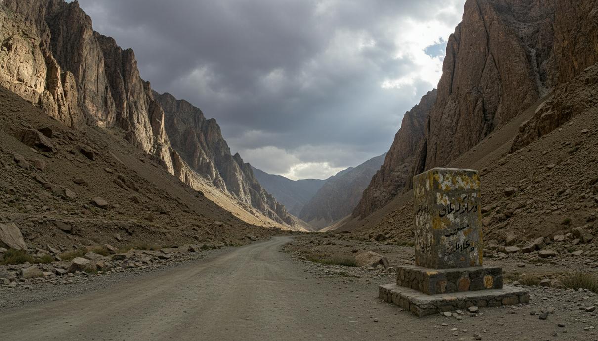 Каменный пограничный столб на фоне сурового горного пейзажа и извилистой грунтовой дороги