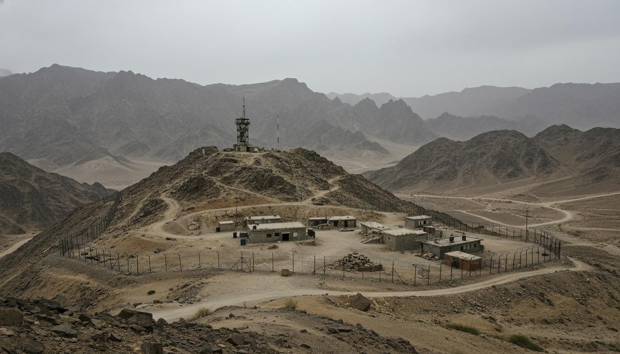 Военный блокпост и заграждения из колючей проволоки в засушливых горах на границе Пакистана и Афганистана.