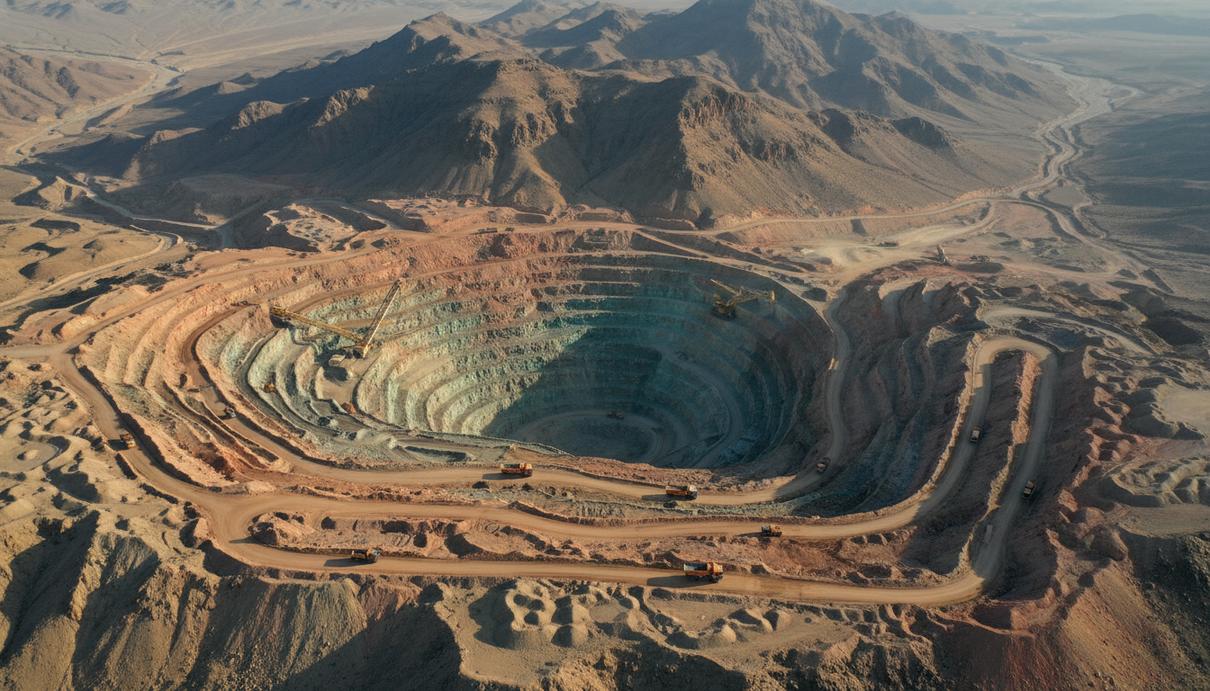 Вид сверху на глубокий карьер медного рудника среди пустынных гор и промышленные дороги