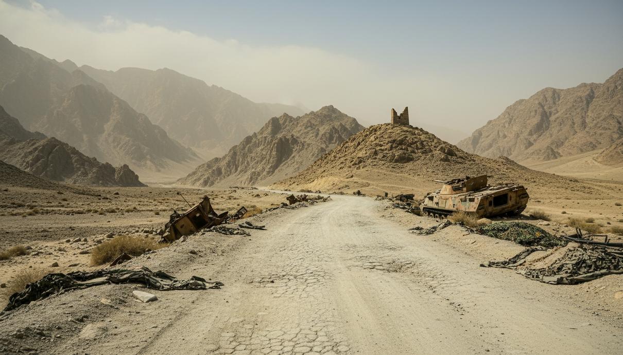Пустая грунтовая дорога в засушливых горах Афганистана с заброшенной каменной башней на скале