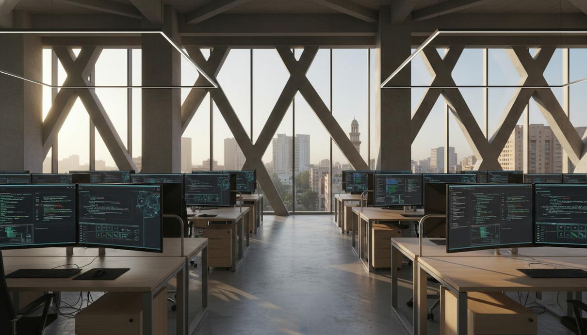 Интерьер современного технологического центра с мониторами и панорамным видом на город.
