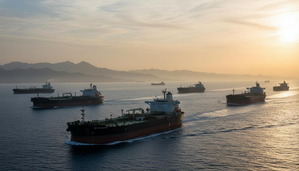 Промышленные нефтяные танкеры в Ормузском проливе на фоне горного побережья в утренней дымке.