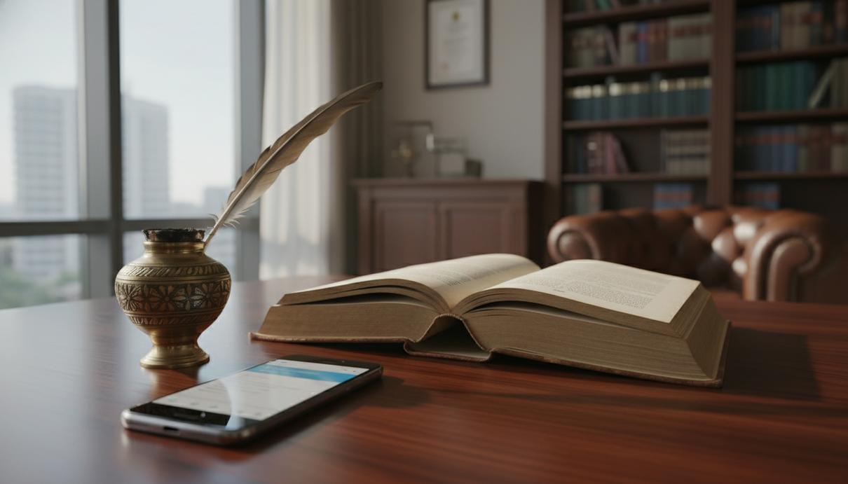 Открытая книга законов, смартфон и латунная чернильница на деревянном столе в светлом кабинете.