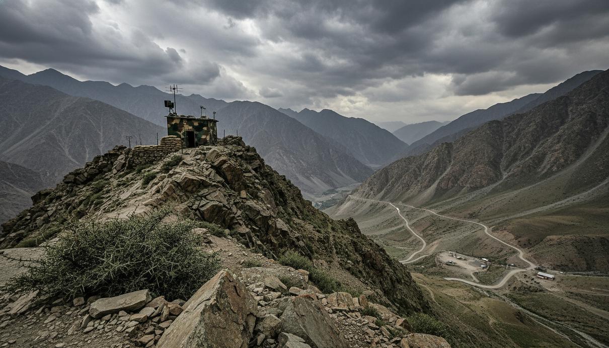 Военный наблюдательный пункт на вершине засушливой горы в Пакистане с видом на глубокую долину