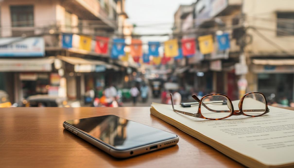 Смартфон на деревянном столе рядом со стопкой бумаг и очками на фоне окна с видом на город.