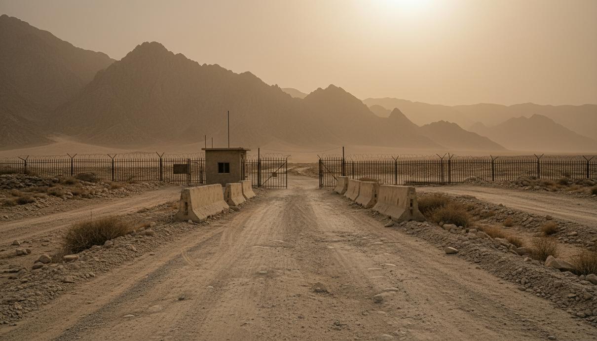 Закрытый пограничный переход с бетонными заграждениями на фоне засушливых гор и пыльной дороги.