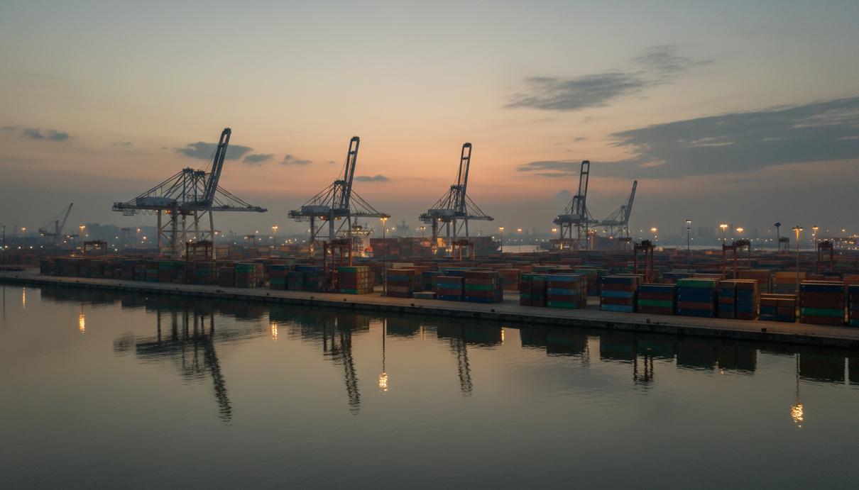 Морской порт с рядами контейнеров и грузовыми кранами на фоне вечернего неба.