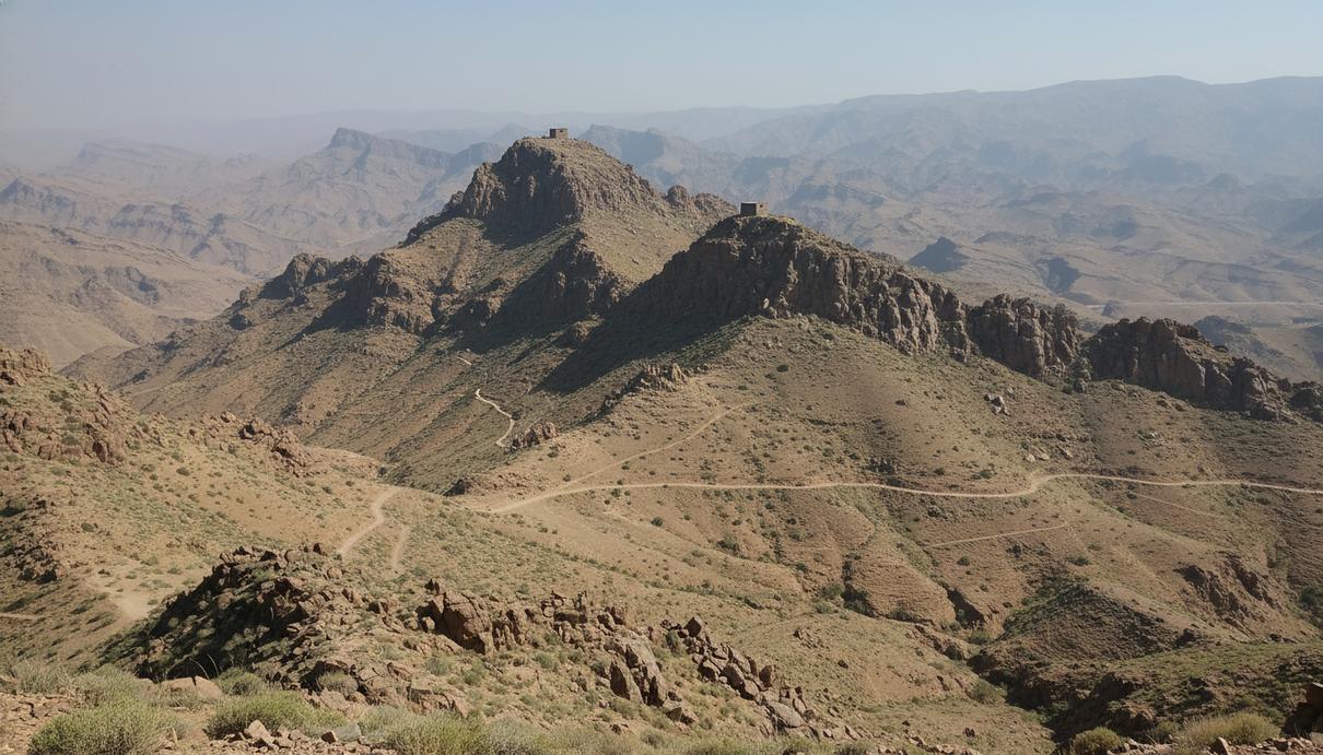 Панорамный вид на засушливые горы Южного Вазиристана с небольшим военным постом на вершине хребта.