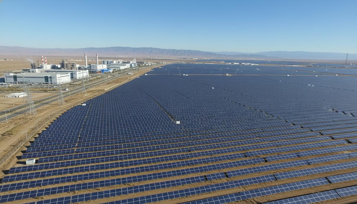 Огромная солнечная электростанция с рядами панелей на фоне индустриальных зданий у подножия гор