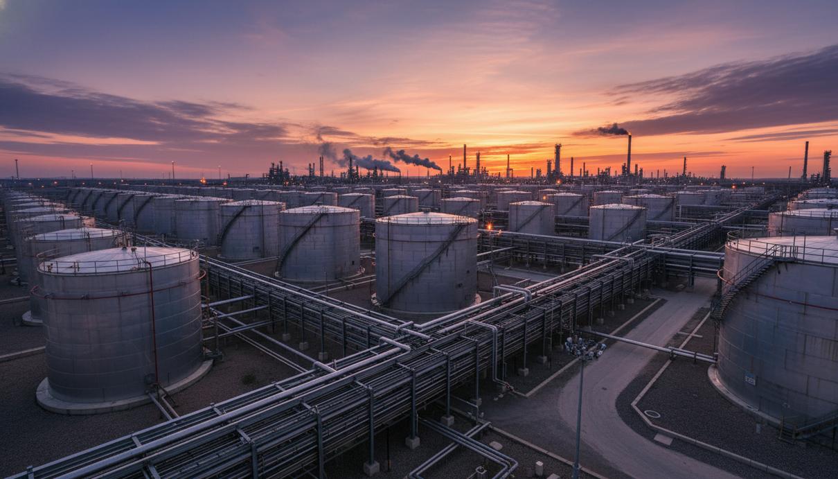 Ряды крупных серебристых резервуаров для хранения нефти и промышленные трубопроводы на закате