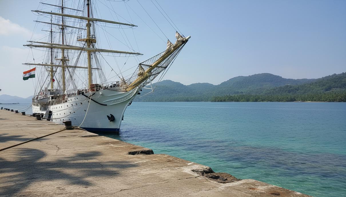 Индийское учебное парусное судно в порту Тринкомали на фоне тропических лесов и гор