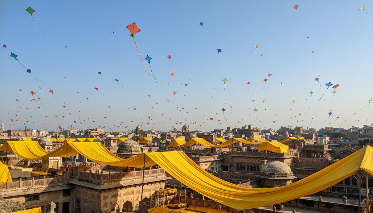 Вид на крыши Лахора, украшенные желтой тканью, и множество разноцветных бумажных змеев в небе.