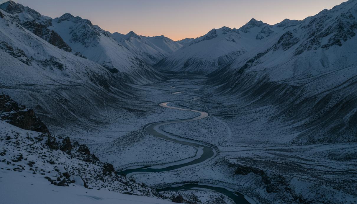 Заснеженные горные перевалы Гималаев и изгиб реки Кьи-чу в сумерках
