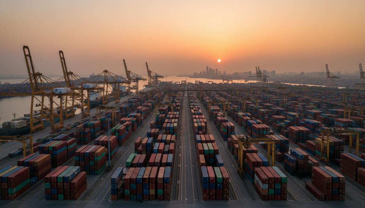 Ряды разноцветных грузовых контейнеров и портовые краны в промышленной гавани на фоне закатного неба