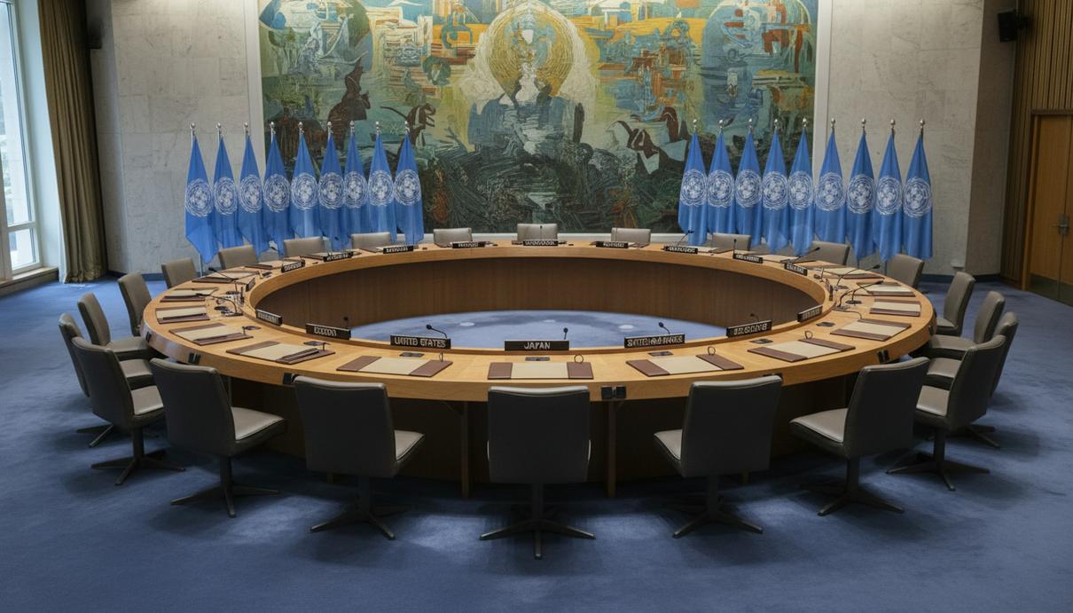 Зал заседаний Совета Безопасности ООН с круглым деревянным столом, микрофонами и синими флагами.