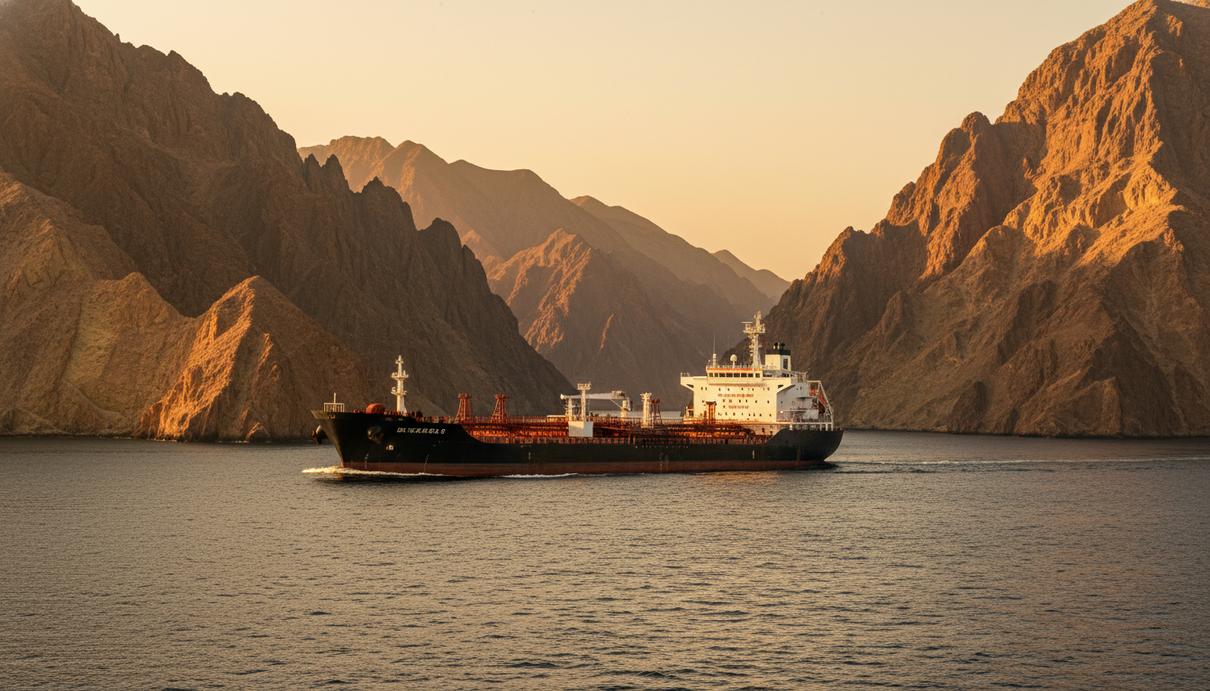 Крупный грузовой танкер проходит по морскому проливу между скалистыми берегами на закате.