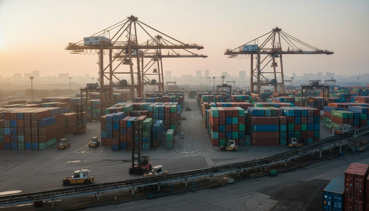 Ряды разноцветных грузовых контейнеров в промышленном порту на фоне портовых кранов