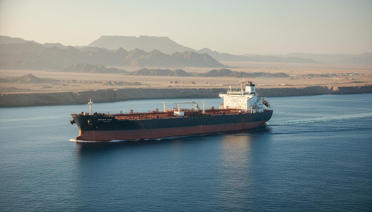 Большой нефтяной танкер идет по спокойной воде на фоне высоких скалистых берегов и дымки.