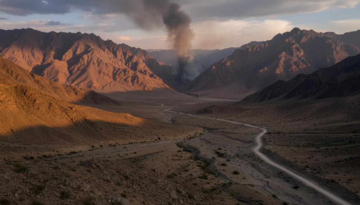 Горный пейзаж на границе Афганистана и Пакистана с поднимающимся из долины дымом и пустой дорогой.