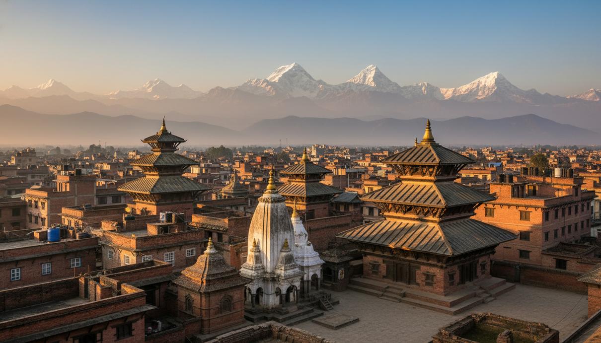 Панорама долины Катманду с городскими постройками на фоне заснеженных вершин Гималаев.