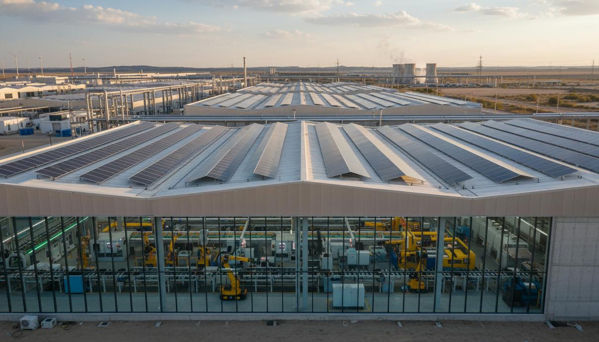 Промышленные солнечные панели и автоматизированное оборудование на заводе электроники.