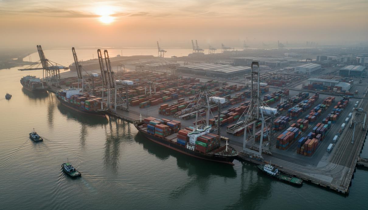 Вид сверху на портовую инфраструктуру с грузовыми кранами и контейнерами в утренней дымке