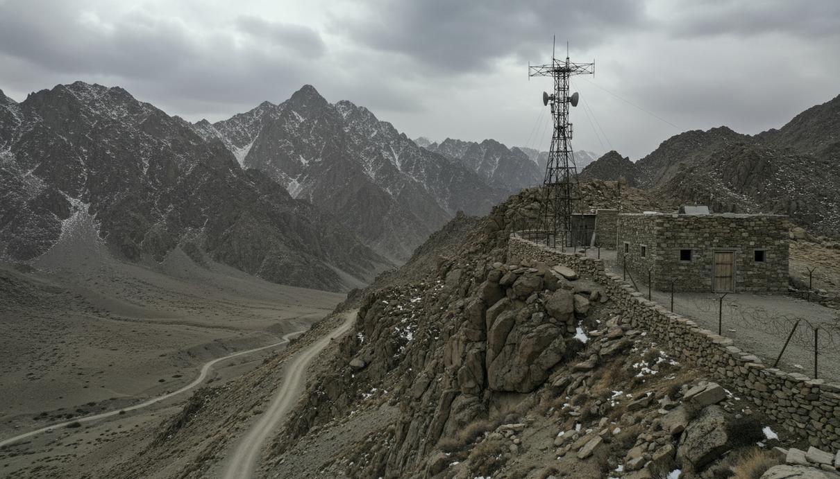 Горный пейзаж на границе Афганистана и Пакистана с вышкой сотовой связи и каменным блокпостом.