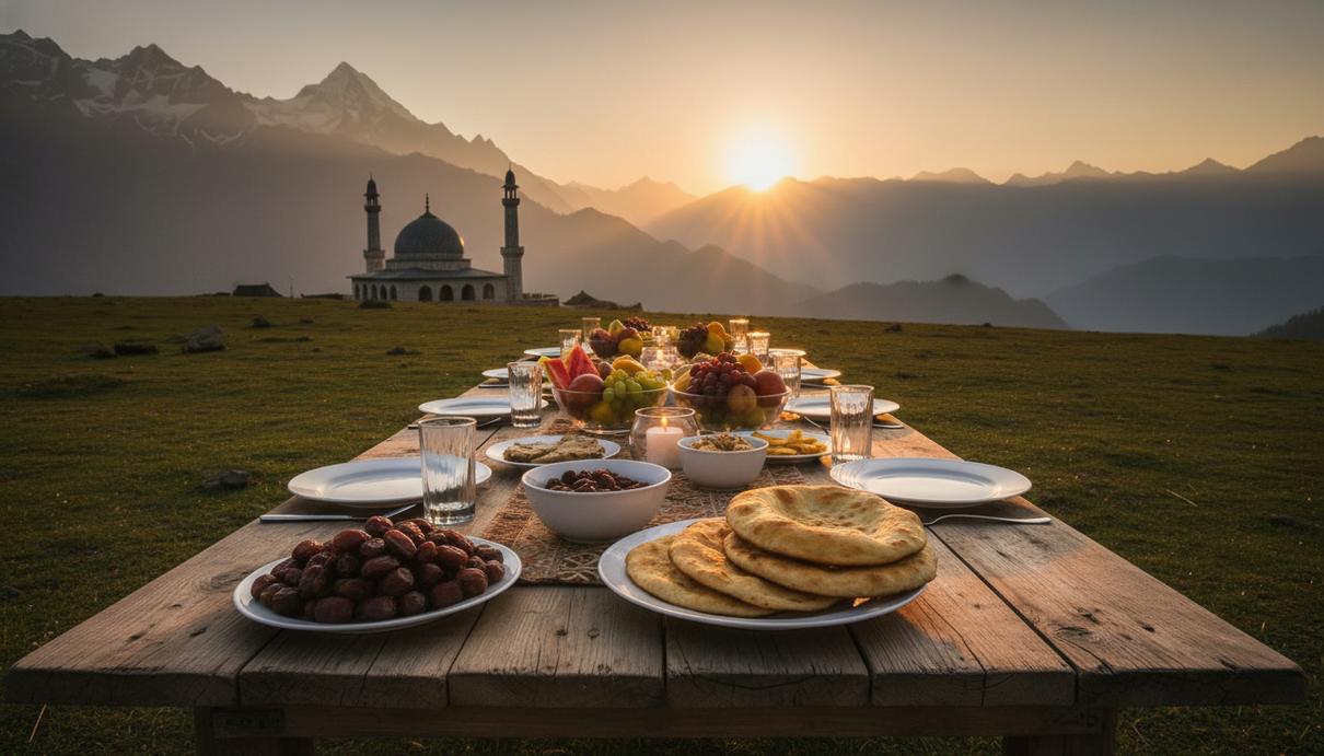 Накрытый к ифтару стол с финиками и лепешками на фоне горного пейзажа Кашмира на закате.