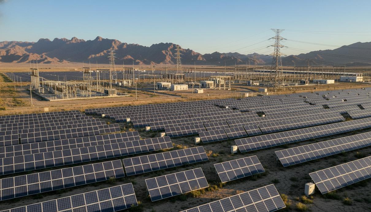 Солнечные панели в засушливой местности на фоне гор и линий электропередачи под ясным небом.