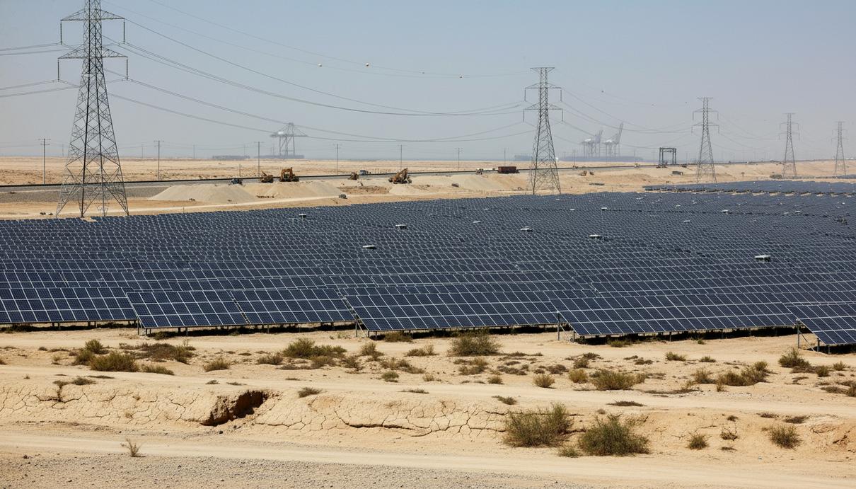 Солнечная электростанция, линии электропередачи и строящаяся железная дорога на фоне пустыни в Пакистане.
