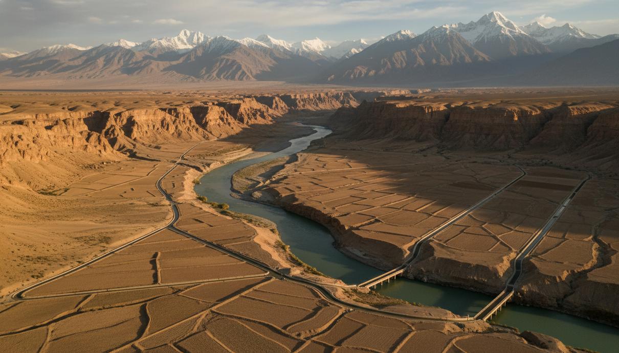 Река Инд протекает через горную долину к оросительным каналам на фоне засушливых полей и заснеженных вершин.