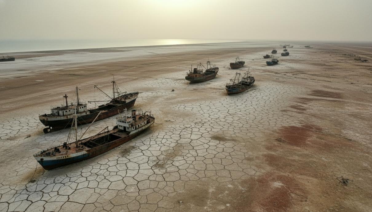 Высохшее побережье Каспийского моря с потрескавшейся соленой почвой и брошенными ржавыми судами.