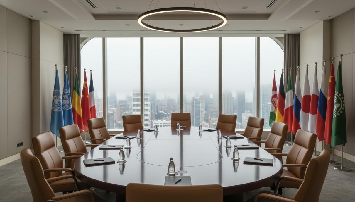 Пустой зал для переговоров с большим деревянным столом, кожаными креслами и отражениями флагов на полированной поверхности