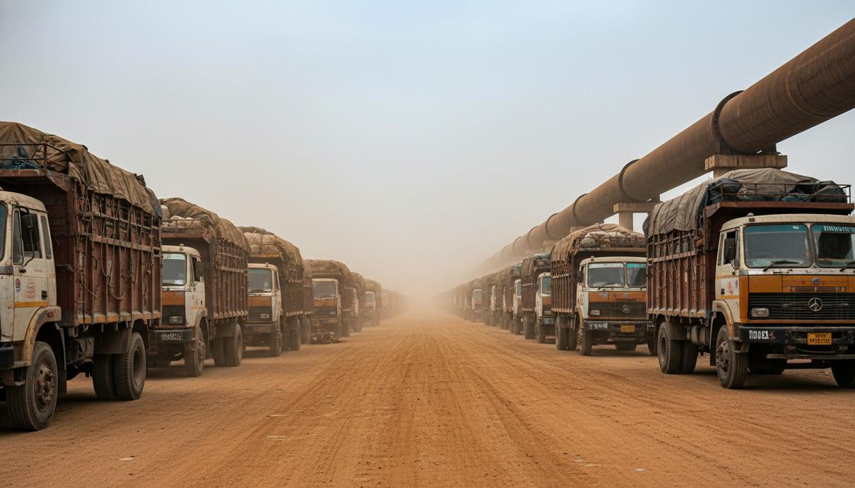 Очередь грузовых автомобилей на пограничном пункте и промышленный трубопровод в сельской местности.