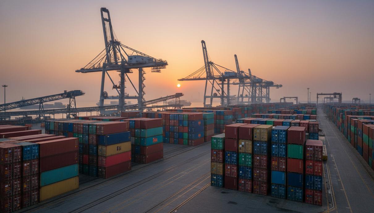 Ряды разноцветных грузовых контейнеров в морском порту на фоне портовых кранов и утреннего неба.