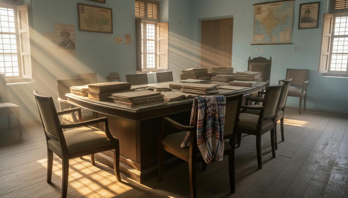 Интерьер пустого зала для совещаний в Ассаме с деревянными столами, стопками документов и ассамской тканью на стуле.