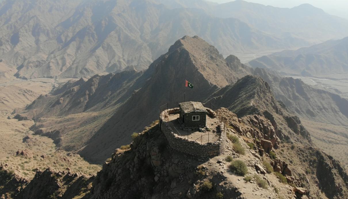 Вид на горный хребет Гиндукуш на границе Пакистана и Афганистана с военным наблюдательным постом