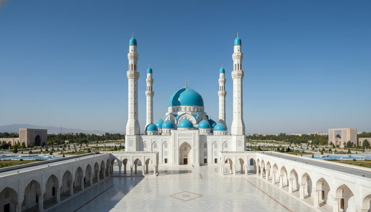 Белокаменная мечеть с голубыми куполами и высокими минаретами на территории мемориального комплекса.