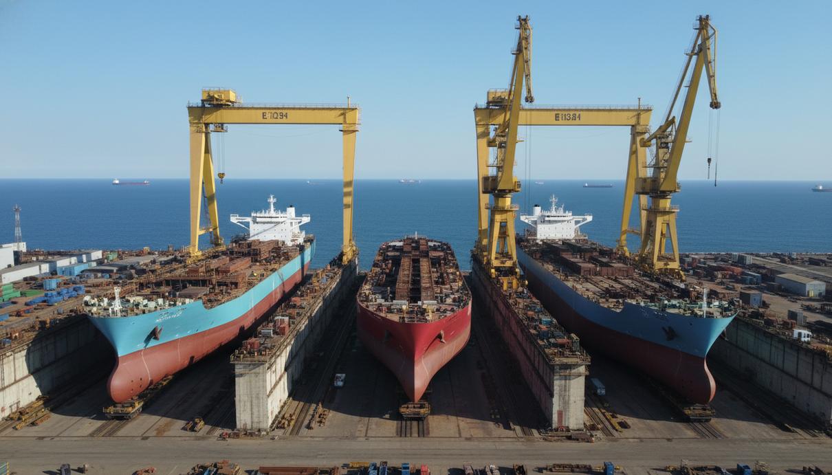 Огромная верфь с массивными желтыми портальными кранами и строящимися морскими судами в сухих доках