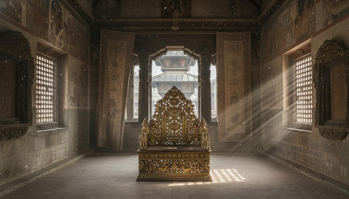 Пустой золотой трон в традиционном непальском дворце с резными деревянными окнами и каменными стенами
