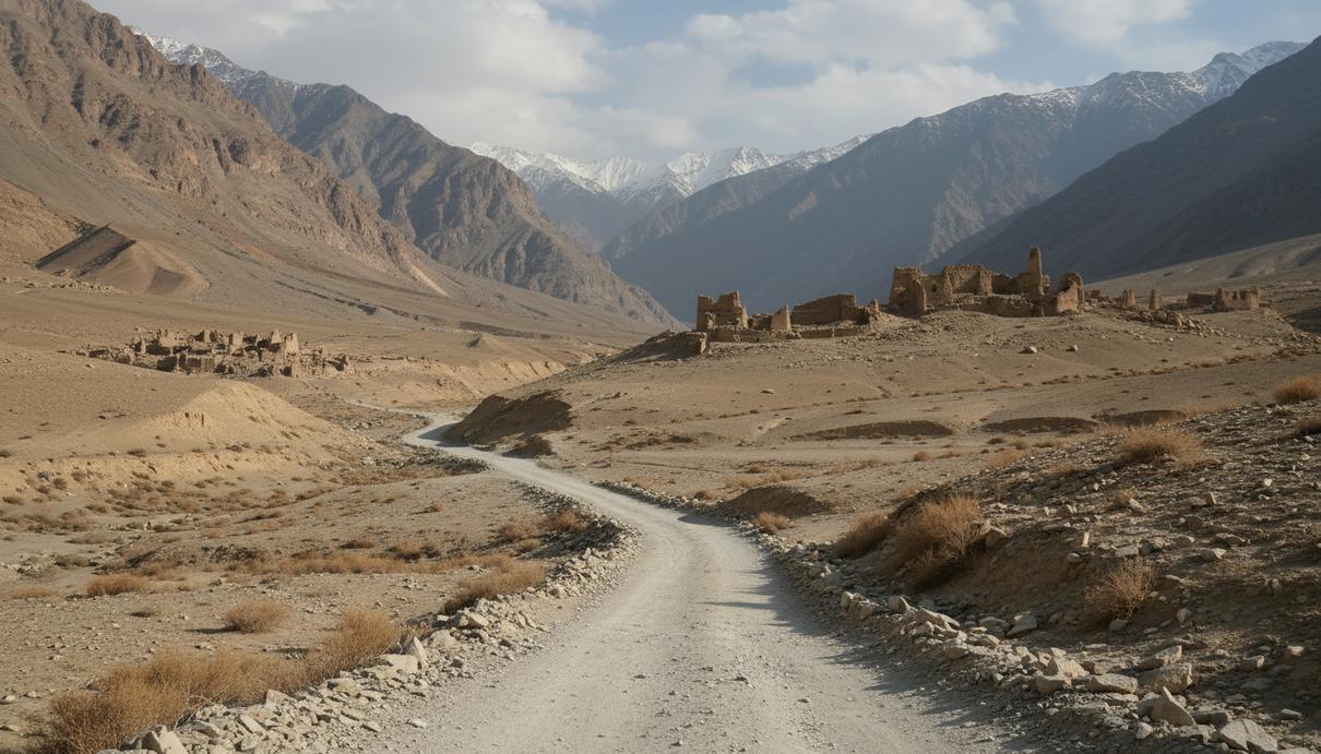 Горный пейзаж Афганистана с грунтовой дорогой в засушливой долине и остатками древних построек из глины