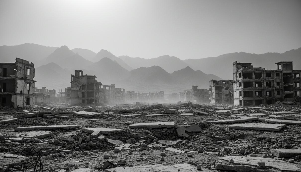 Разрушенное многоэтажное здание в Кабуле на фоне гор после авиаудара, обломки стен и строительный мусор