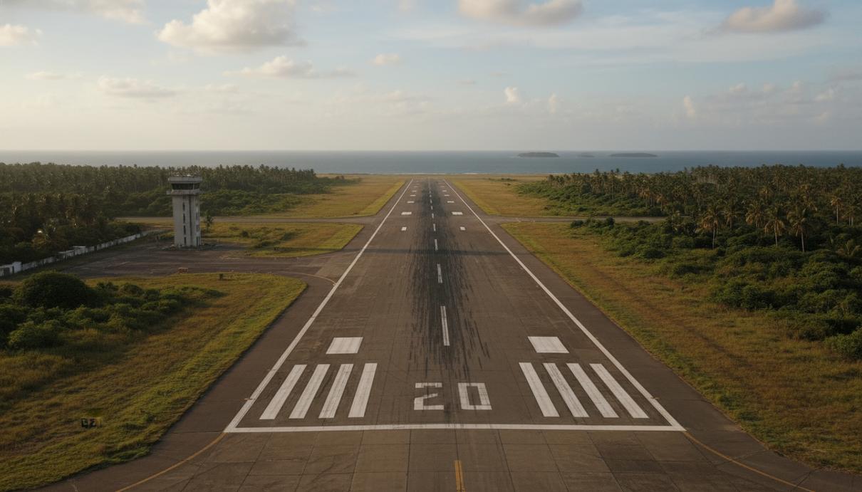 Взлетно-посадочная полоса аэропорта Маттала на фоне тропической зелени и Индийского океана