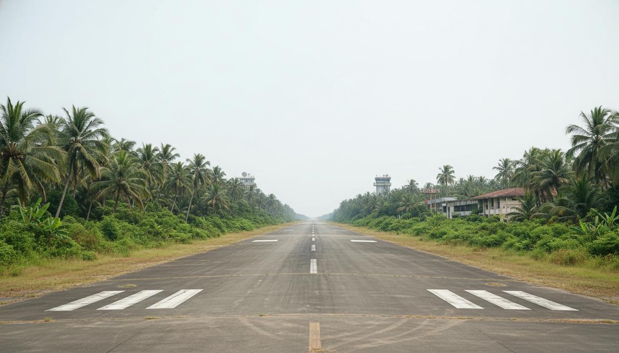 Взлетно-посадочная полоса международного аэропорта Маттала на юге Шри-Ланки в окружении тропических лесов.